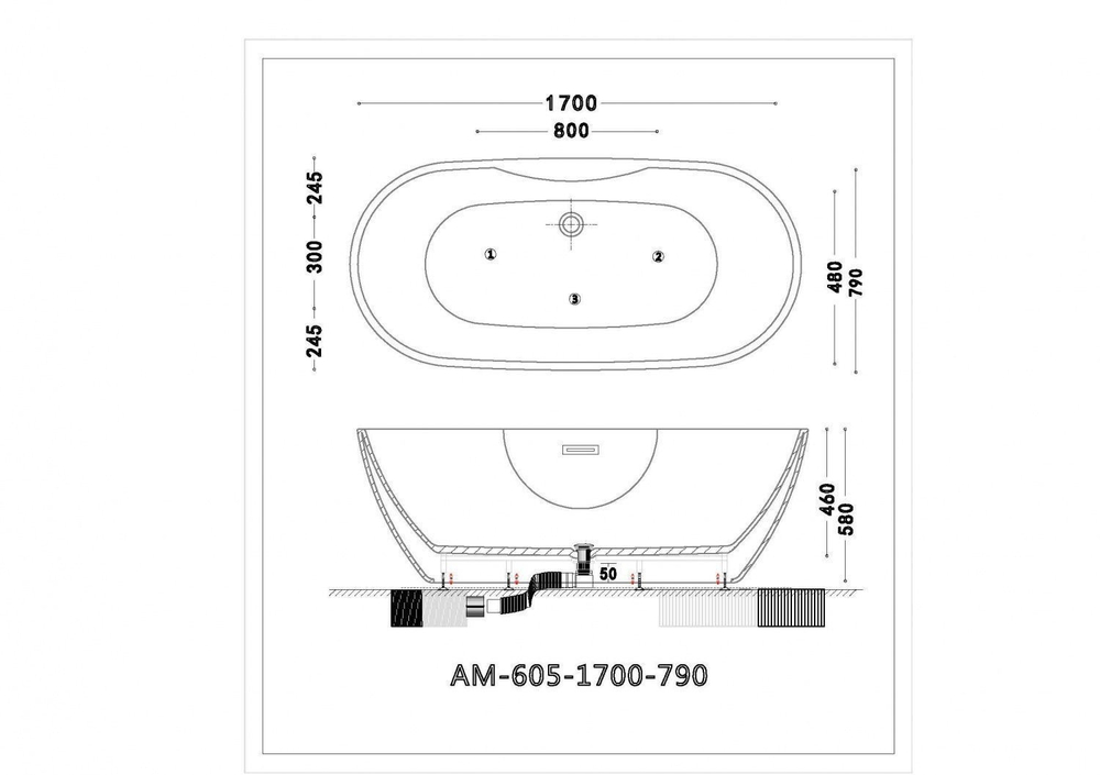 Акриловая ванна ARTMAX AM-605-1700-790 отдельностоящая со сливом-переливом ,сифон в комплекте