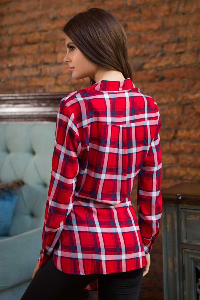 Туника для дома и отдыха в клетку на пуговицах красная