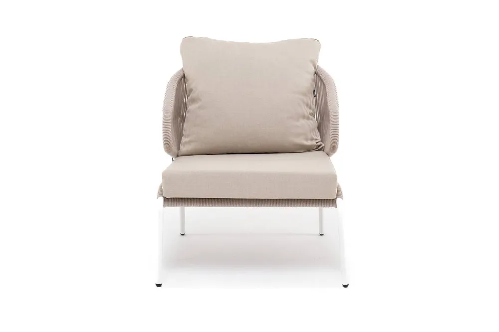 "Милан" кресло плетеное из роупа, каркас алюминий белый муар, роуп бежевый круглый, ткань бежевая 052