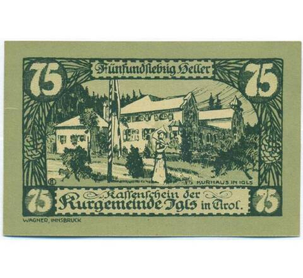 Австрия 75 геллеров 1920 Игльс в Тироле aUNC
