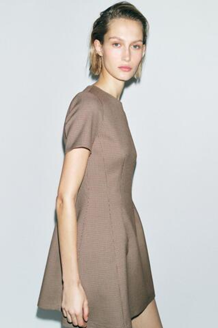 ZARA ПЛАТЬЕ ИЗ ТКАНИ В КЛЕТКУ — ZW COLLECTION, СВЕТЛО-КОРИЧНЕВЫЙ