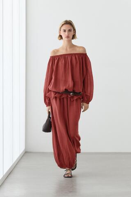 Massimo Dutti Блуза с широким воротником и драпировкой, красновато-коричневый