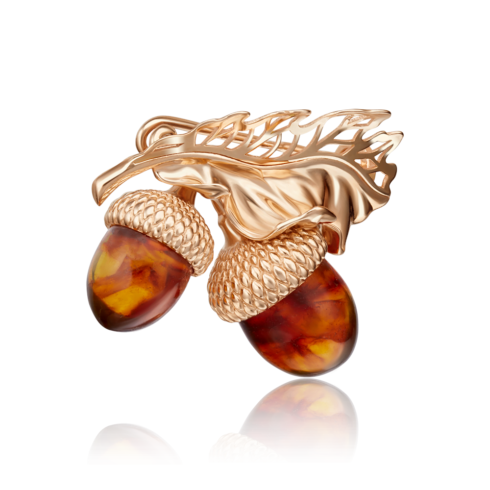 Брошь «Желуди» из красного золота с янтарём