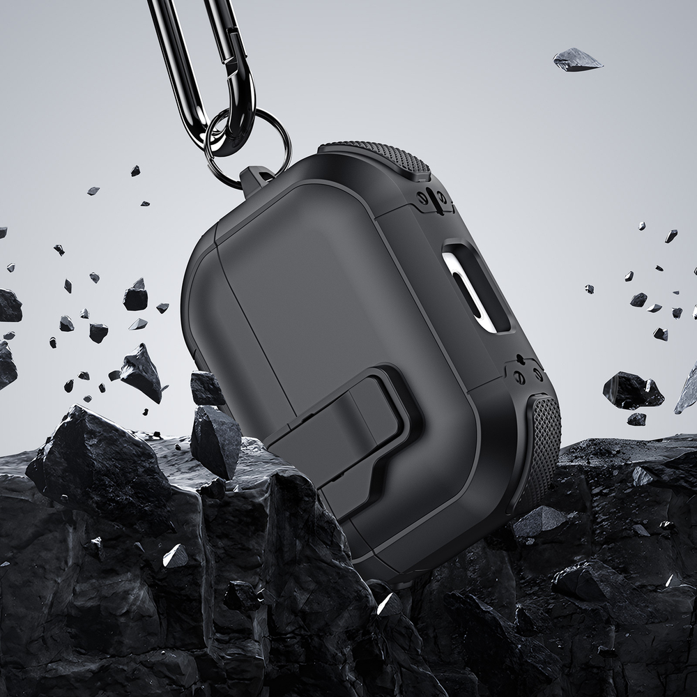 Усиленный чехол черного цвета от Dux Ducis для наушников AirPods 4, серия PECP Series Case, в комплекте с карабином
