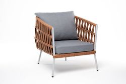 "Диего" кресло плетеное из роупа, каркас алюминий светло-серый (RAL7035) муар, роуп оранжевый меланж круглый, ткань светло-серая