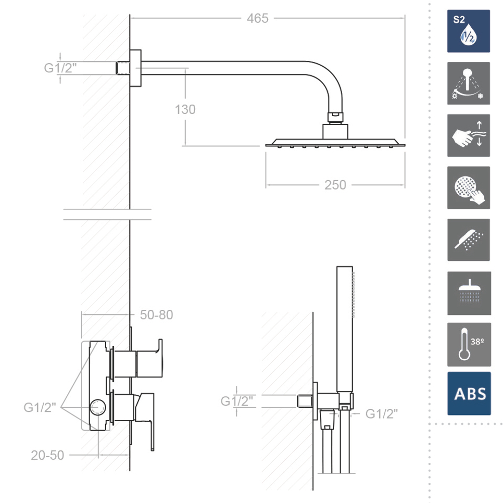 Встраиваемый смеситель для душа с тропическим и ручным душем BLAUTHERM 941502RPK225-40