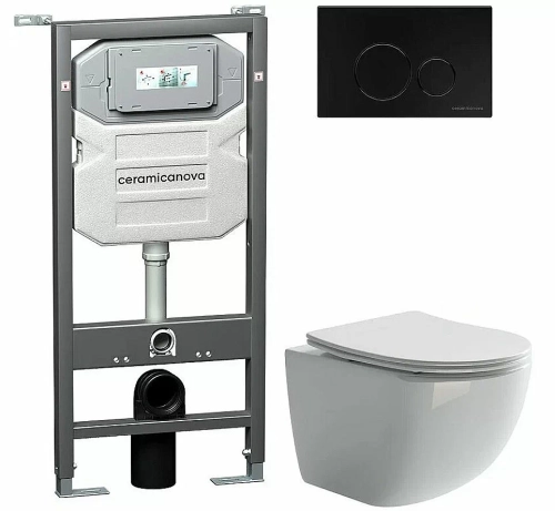 Унитаз подвесной Ceramica Nova Forma CN3009_1001B_1000 безободковый, с крышкой микролифт, с инсталляцией и черной матовой кнопкой