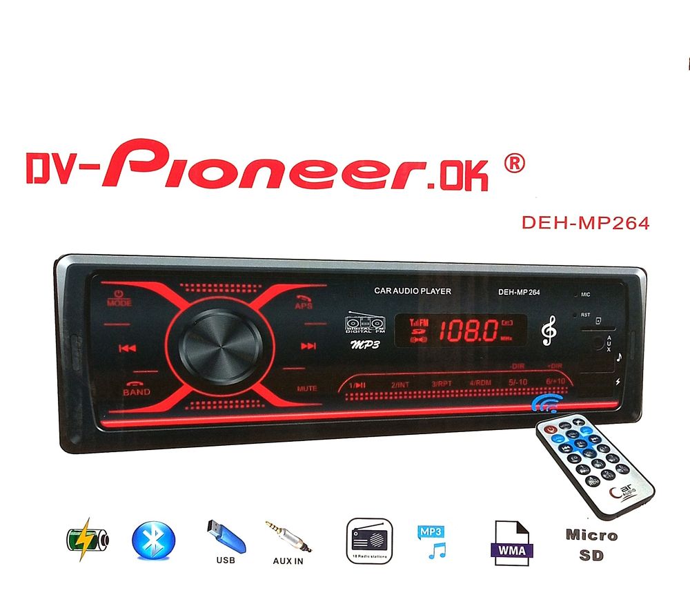 Автомагнитола DV-Pioneeir ok DEH-MP 264, bluetooth, пульт, 2usb, aux, fm