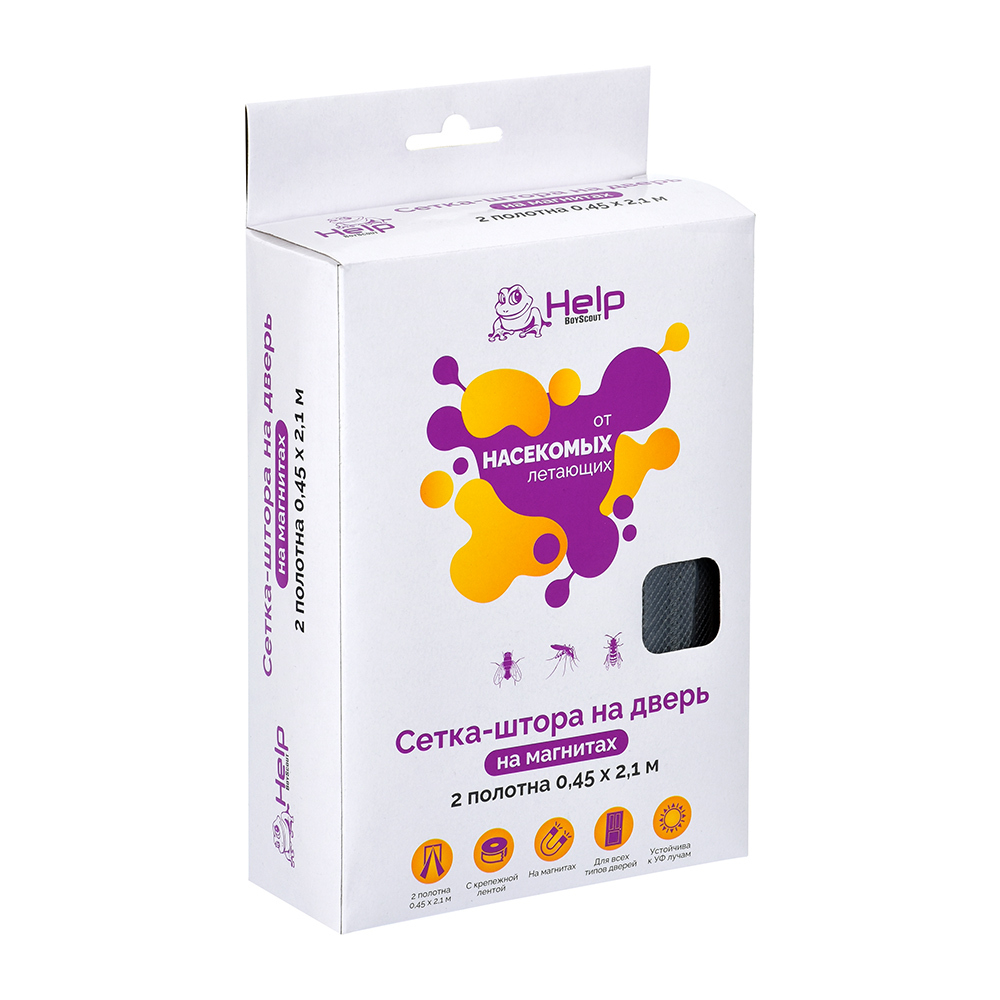 СЕТКА-ШТОРА HELP НА ДВЕРЬ ПРОТИВОМОСКИТНАЯ С МАГНИТ/КРЕПЕЖОМ 45Х210СМ 2ШТ 80004