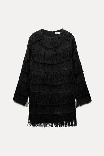 ZARA КОРОТКОЕ ПЛАТЬЕ С БАХРОМОЙ — ZW COLLECTION, ЧЕРНЫЙ