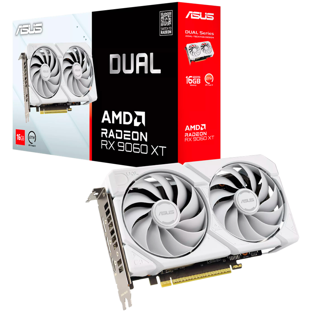 ASUS Video Card AMD Radeon RX 9060 XT White 16GB GDDR6 2220 / 3230 , 2048sp, 32 RT-core, 128 bit, 2.5 slots, 8 pin, HDMI, DisplayPort