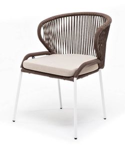 "Милан" стул плетеный из роупа, каркас алюминий белый муар, роуп коричневый круглый, ткань бежевая 052
