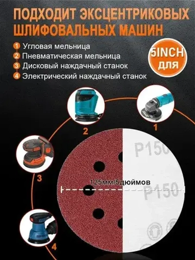 Шлифовальные круги 125мм , на липучке Р40 - Р1500 , 100 штук инструменты , для угловых шлифмашин