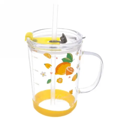 Кружка стеклянная 450мл с крышкой и трубочкой «Лимоны»