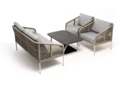 "Канны" лаунж-зона 4-местная из роупа со столом "Глория" (серый гранит), каркас алюминиевый светло-серый, роуп серый меланж