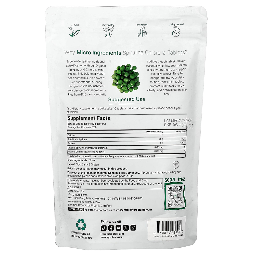 Micro Ingredients, органическая спирулина и хлорелла, 2500 мини-таблеток