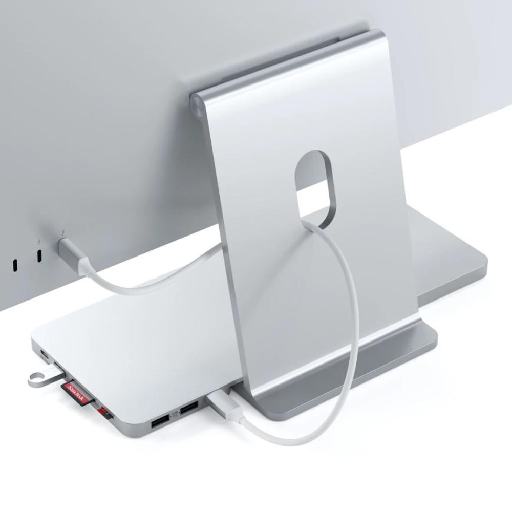 USB-Хаб с отсеком для SSD Satechi Slim Dock (USB-C) для iMac 24" (2021 и новее) (ST-UCISD) Подключение: съёмный кабель USB-C. Порты: USB-C, USB-A 3.2 Gen 1, 2 USB-A 2.0, microSD UHS-I, SD UHS-I. Есть отсек для SSD M.2 NVMe/SATA