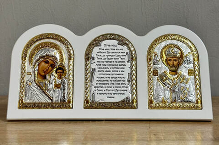 Триптих, Казанская БМ, Николай, Молитва, икона, белое дерево 320х164