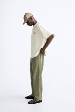 ZARA ФУТБОЛКА С КОНТРАСТНОЙ ВЫШИВКОЙ, ЖЕЛТОВАТО-БЕЛЫЙ