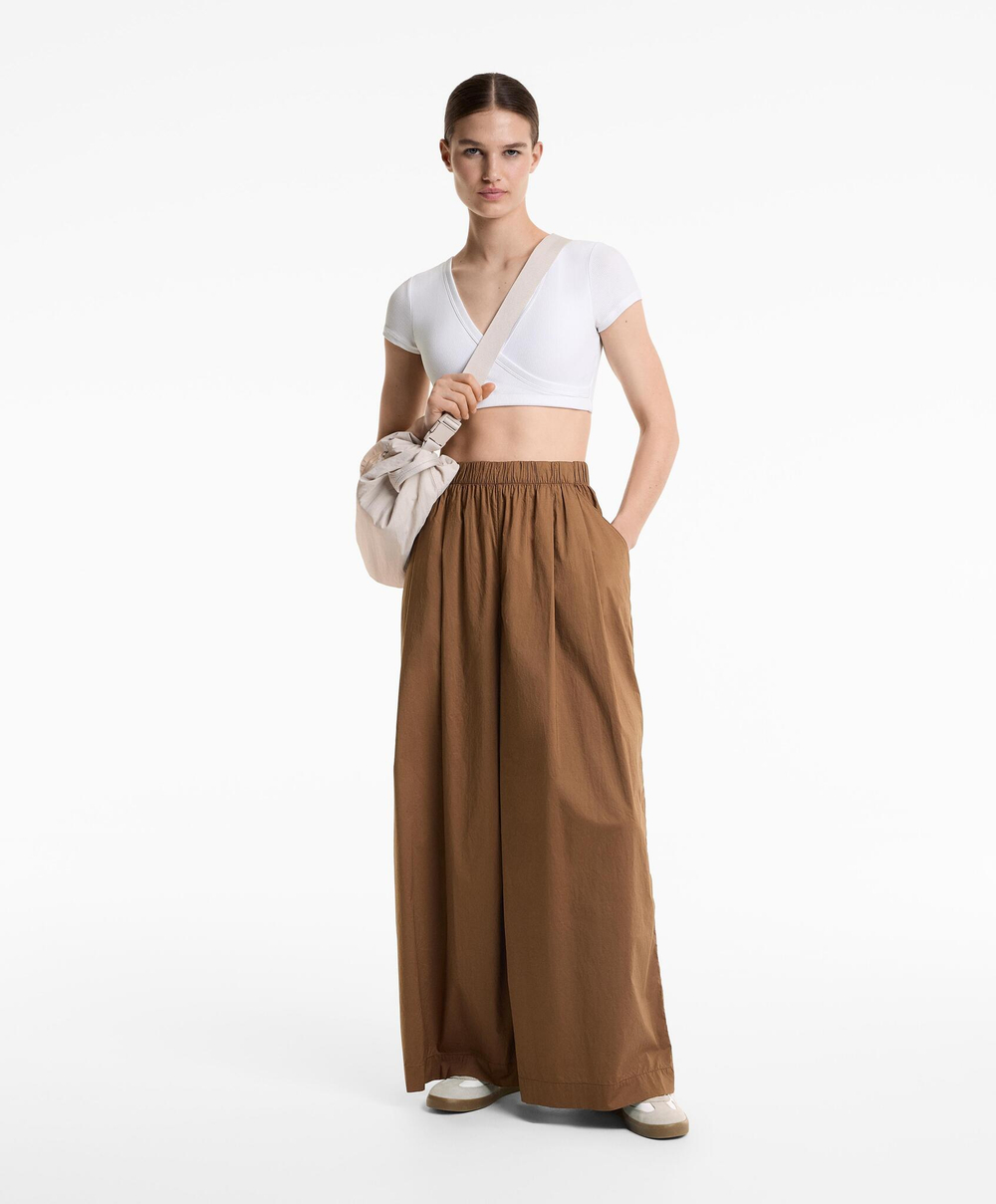 OYSHO Брюки широкие из 100% хлопкового поплина, коричневый