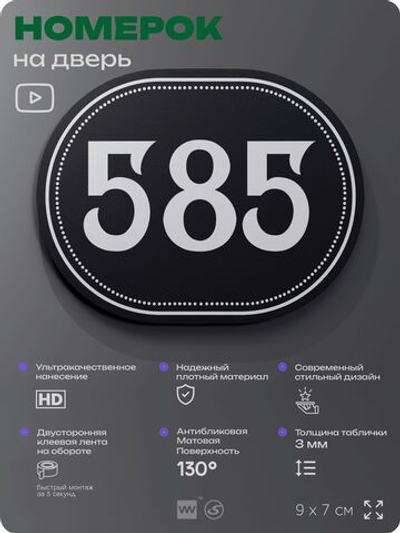 Номерок на дверь квартиры 585, для кабинета, офиса, шильдик 9 х 7 см, черный, Айдентика Технолоджи