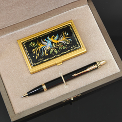 Набор "Две жар-птицы" визитница персональная с ручной росписью и ручка Parker