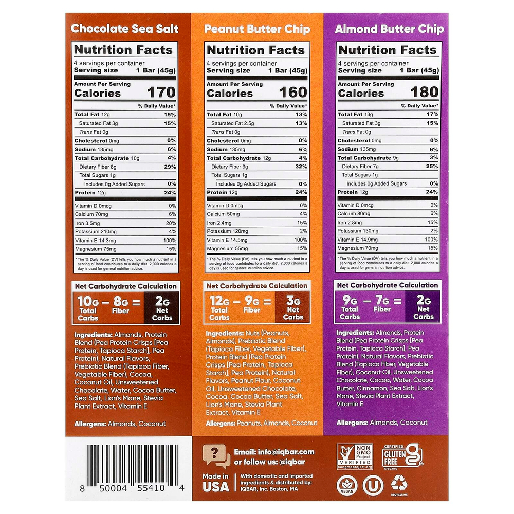 IQBAR, растительные протеиновые батончики, ассорти шоколадных батончиков, 12 батончиков по 45 г (1,6 унции)