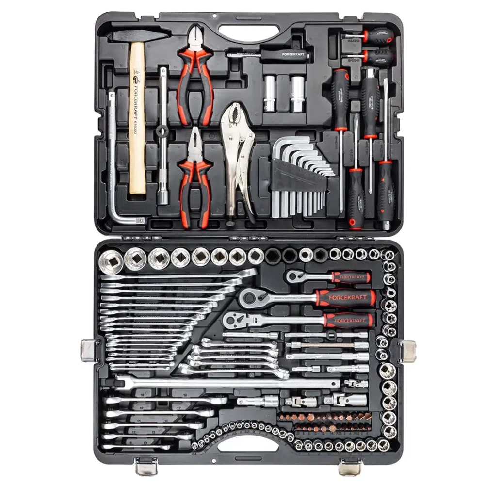 Набор инструментов 142+6пр. 1/4''3/8''1/2''(6-гран.)(4-36мм, 27,30,32,36-12гр.)+(ключи трещоточные:8х10,12х13,14х15,16х17,18х19мм, бокорезы-7'') FORCEKRAFT FK-41421-5 PREMIUM