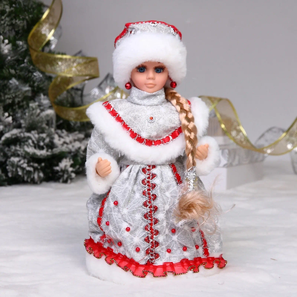 Снегурочка музыкальная «Красный бархат» 30 см (серебряная шубка)