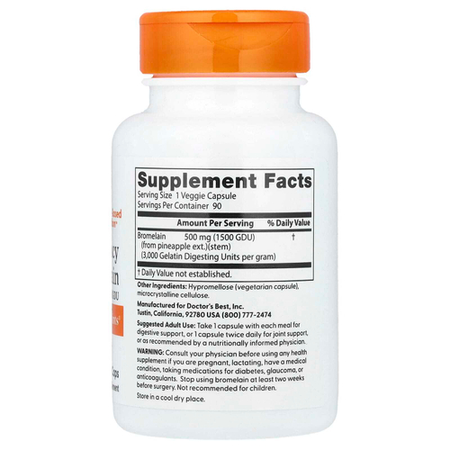 Doctor's Best, высокоэффективный бромелаин, 3000 GDU, 500 мг, 90 растительных капсул