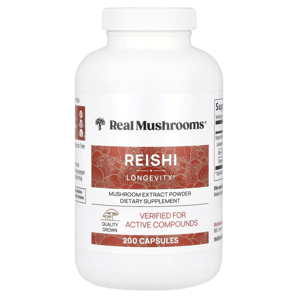 Real Mushrooms, Рейши, экстракт грибов в порошке, 200 капсул