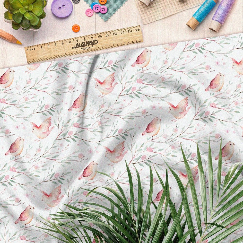 Ткань интерлок птички с веточками