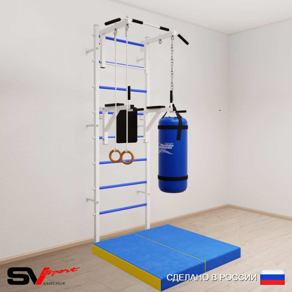 Шведская стенка Sv Sport усиленная 6717 (Турник стандарт/Брусья/Кольца/Цепь/Мешок 30кг/Мат 1м)