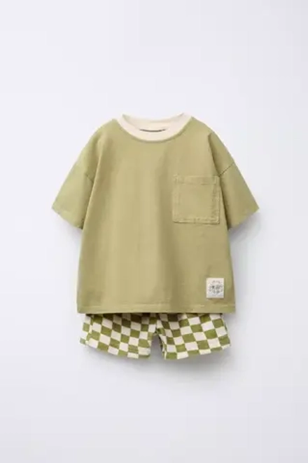 ZARA КОМПЛЕКТ ИЗ ФУТБОЛКИ И ШОРТОВ-ДЖОГГЕРОВ В КЛЕТКУ, ЭКРЮ/ХАКИ