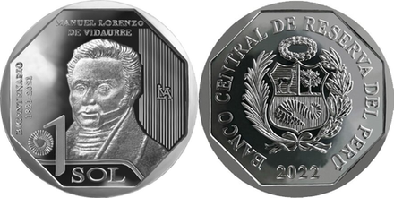 Перу 1 соль, 2022 200 лет Независимости - Мануэль Лоренсо де Видаурре
