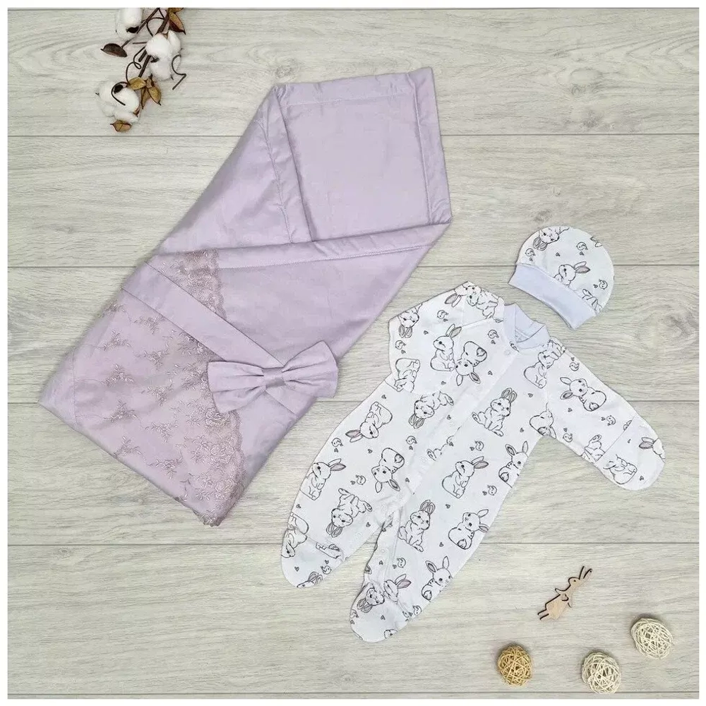 Комплект на выписку "Ангелочек" (4 пр.) - лето (плед,комбинезон,шапочка,пояс-бант) (Цвет: Сиреневый)