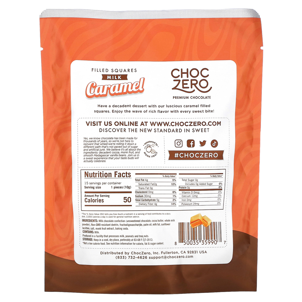 ChocZero, Filled Squares, молочная карамель, 15 батончиков в индивидуальной упаковке