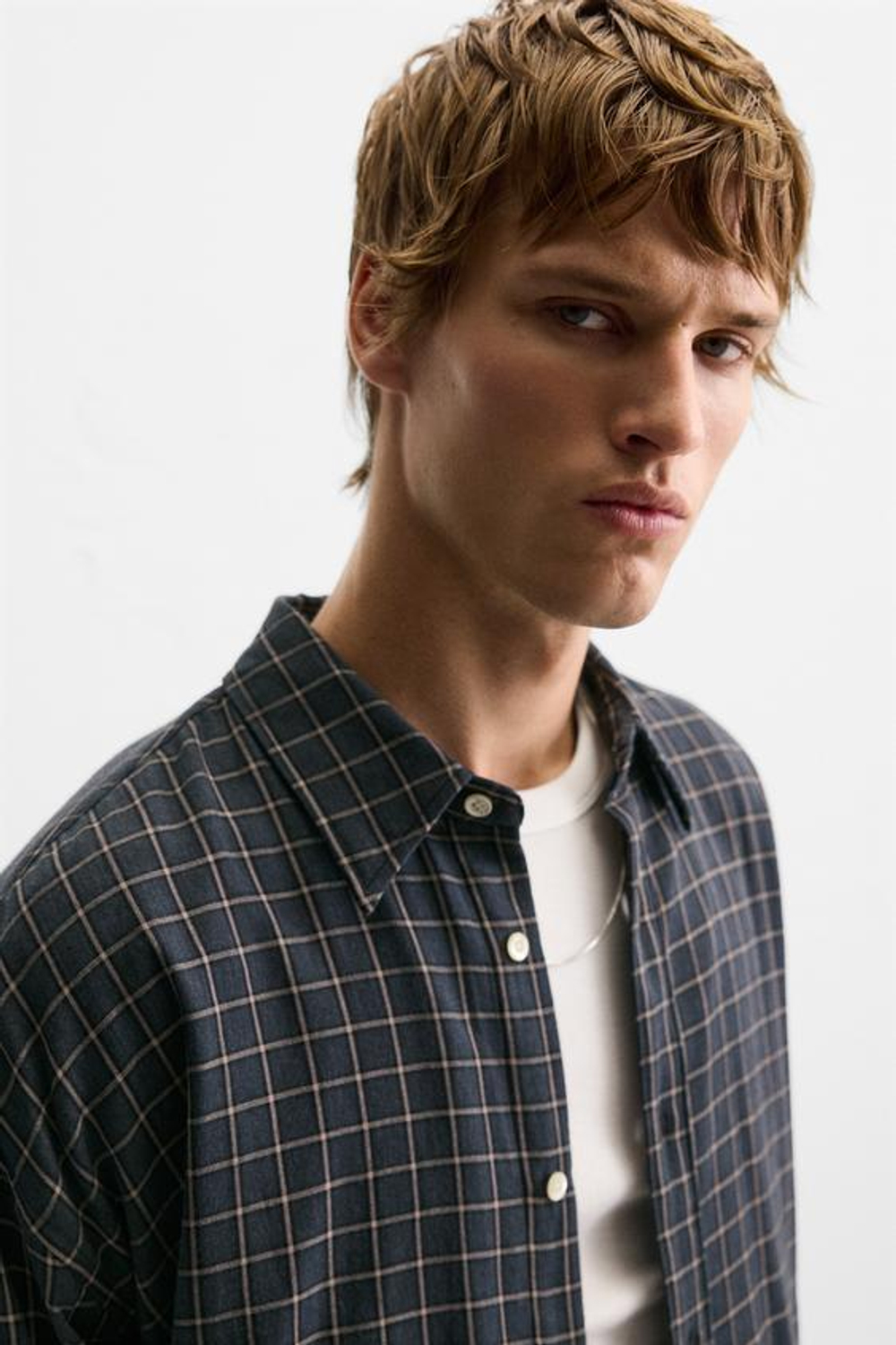 ZARА РУБАШКА ИЗ РЕЛЬЕФНОЙ ТКАНИ В КЛЕТКУ, СИНИЙ