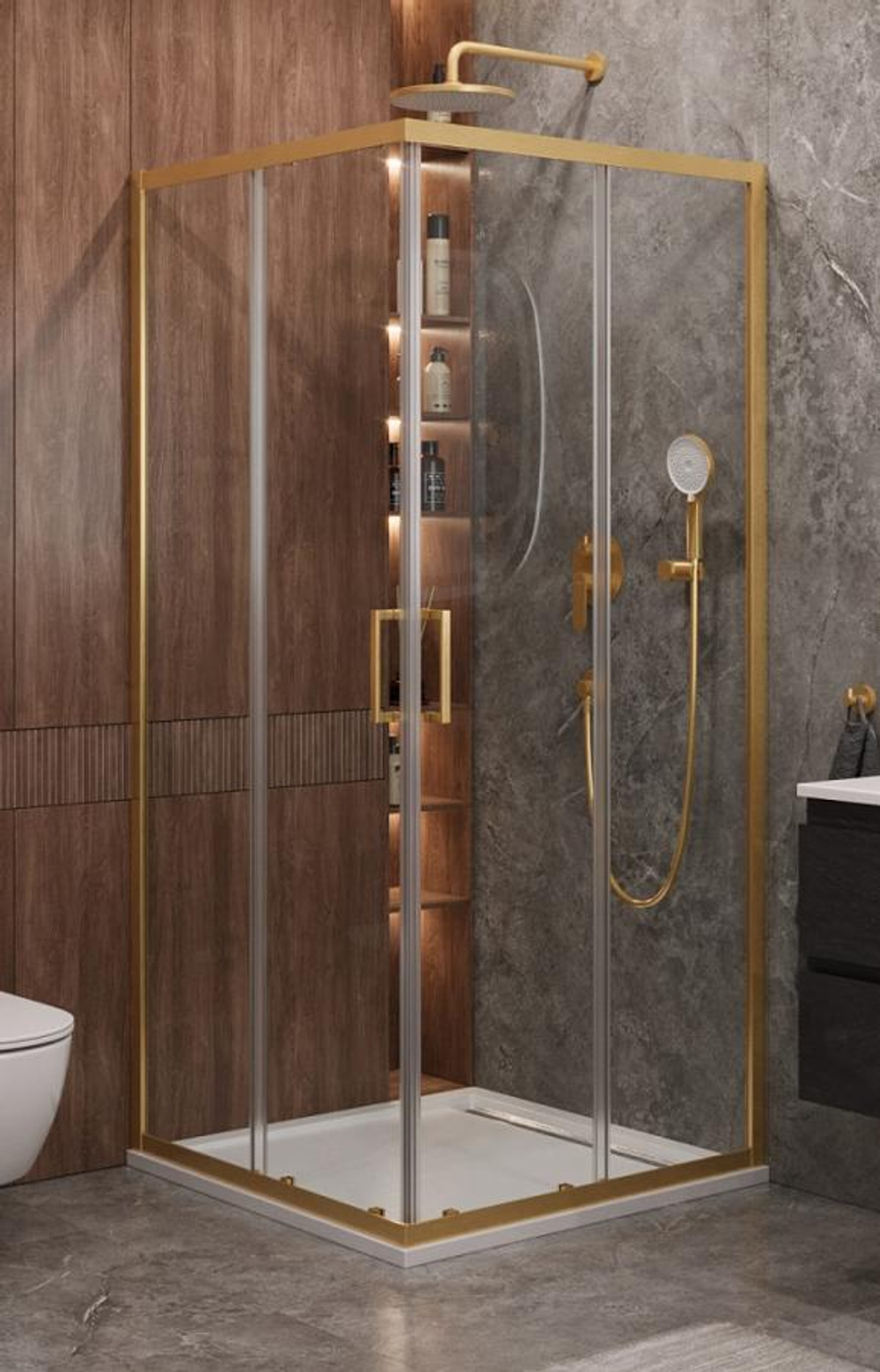Душевой уголок Cezares MOLVENO-A-2-100-C-BORO-IV, 100х100х195, профиль брашированное золото, прозрачное стекло