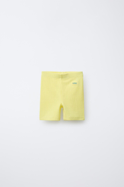 ZARA ШОРТЫ-ВЕЛОСИПЕДКИ В РУБЧИК С НАШИВКОЙ, ЛИМОННО-ЖЕЛТЫЙ