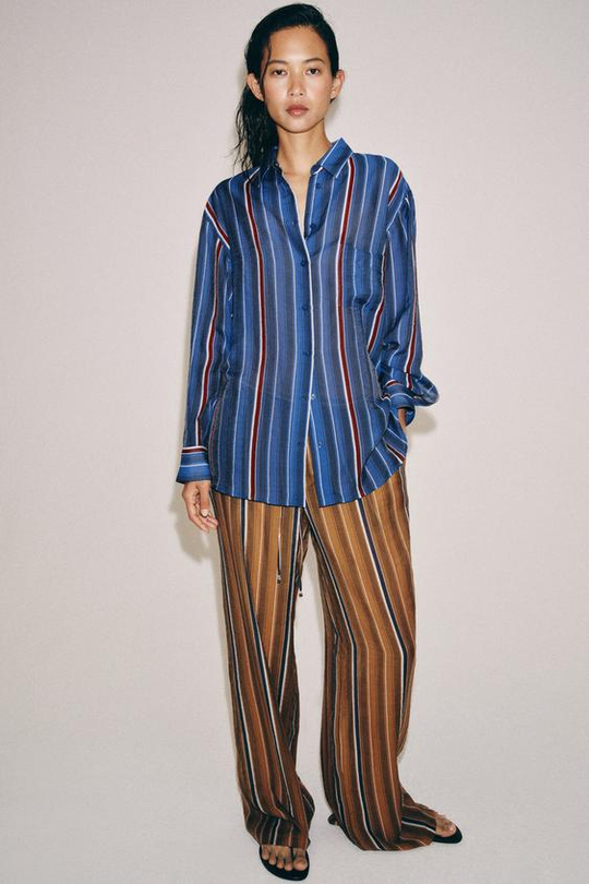 ZARA БРЮКИ В ПОЛОСКУ В ПИЖАМНОМ СТИЛЕ — ZW COLLECTION, КАРАМЕЛЬНЫЙ