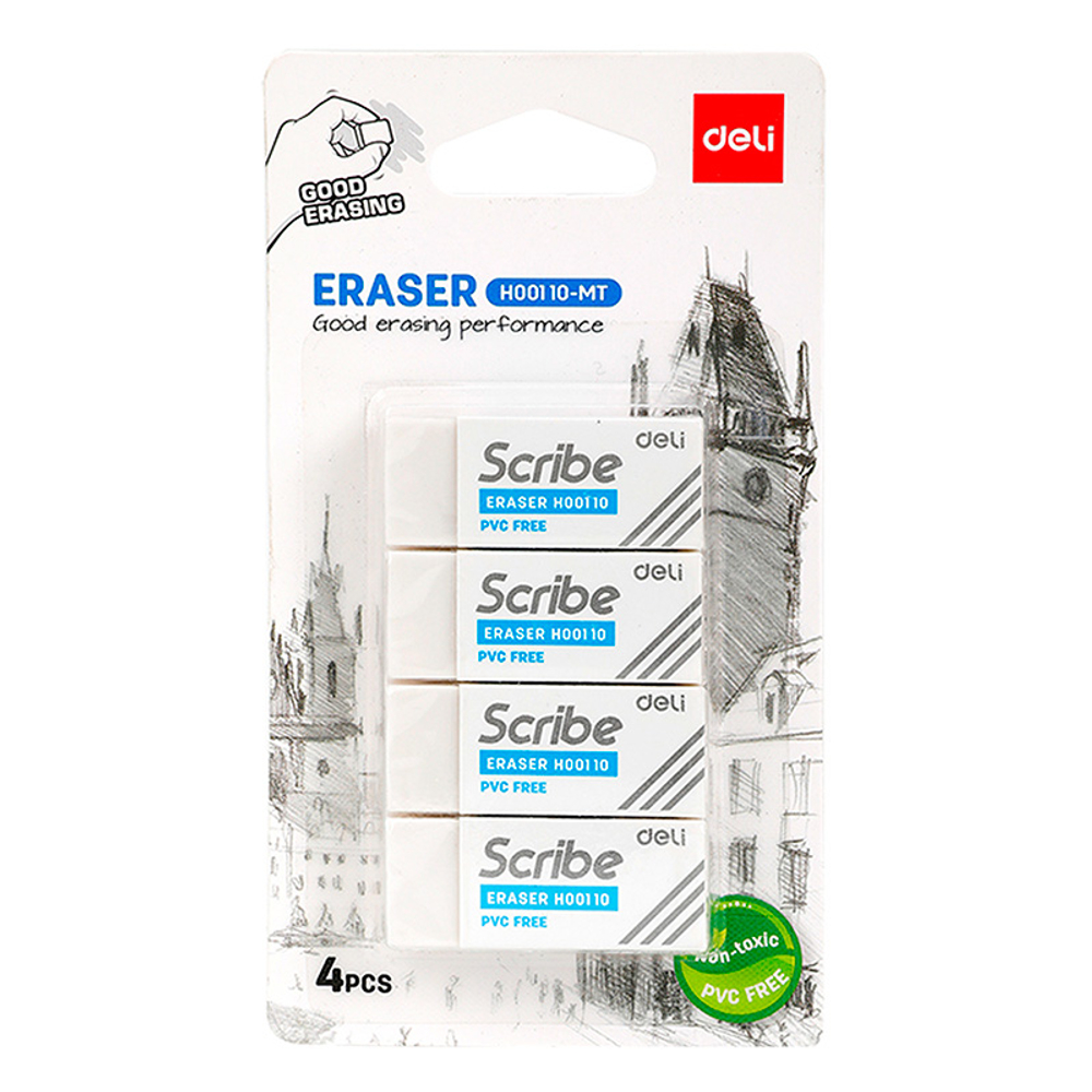 Ластик DELI "Scribe", прямоугольный, белый (42х17х10 мм), 4 шт в упаковке