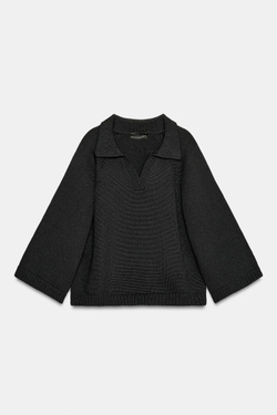 ZARA ТРИКОТАЖНЫЙ СВИТЕР С ВОРОТНИКОМ ПОЛО, ЧЕРНЫЙ