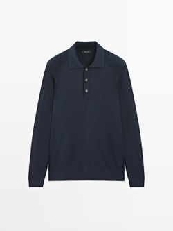 Massimo Dutti Свитер поло из хлопкового трикотажа, темно-синий