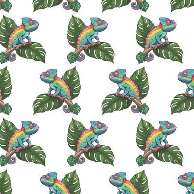 Хамелеон на ветке с листьями