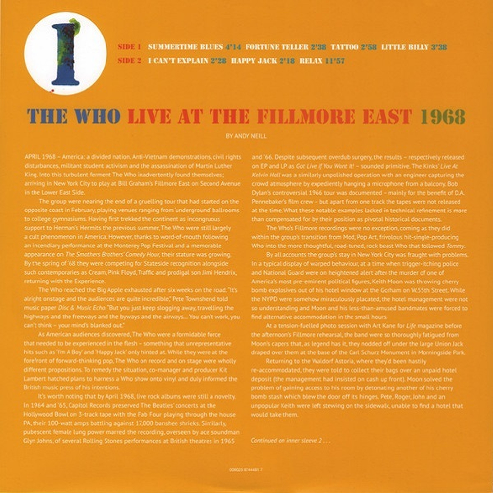 The Who / Live At The Fillmore East 1968 (3LP)