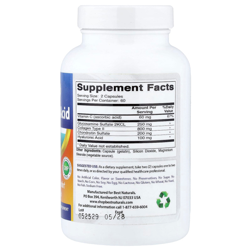 Best Naturals, Гиалуроновая кислота с глюкозамином и хондроитином, 120 капсул