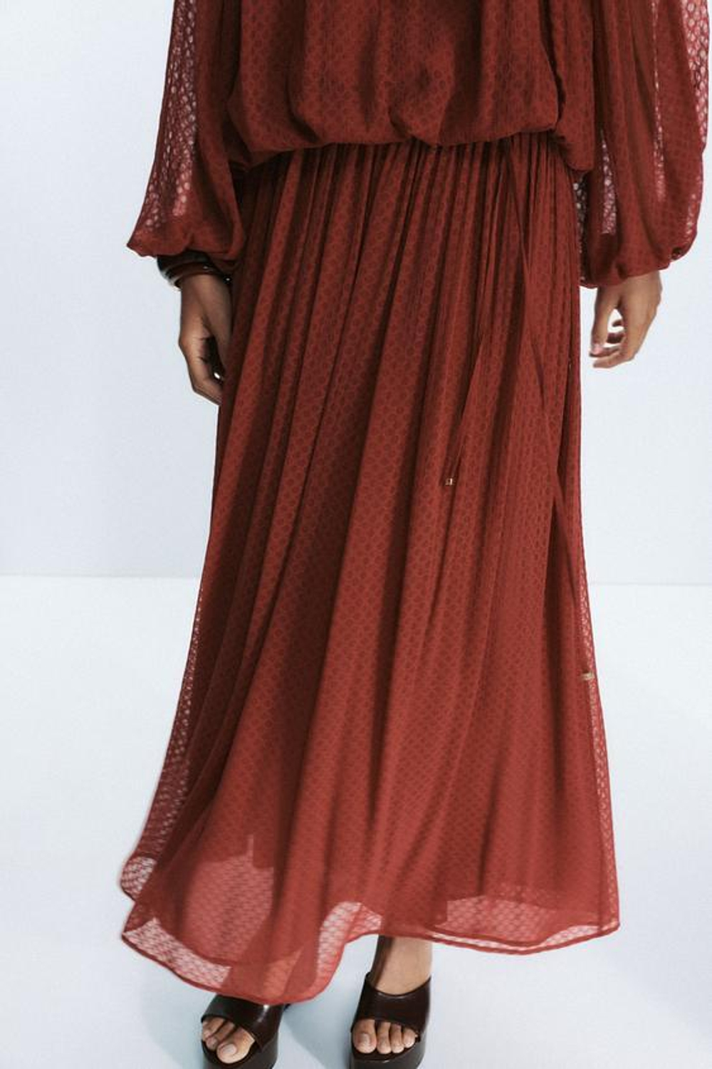 ZARA ПЛИССИРОВАННАЯ ЮБКА МИДИ С РЕМНЕМ, ЧЕРЕПИЧНЫЙ