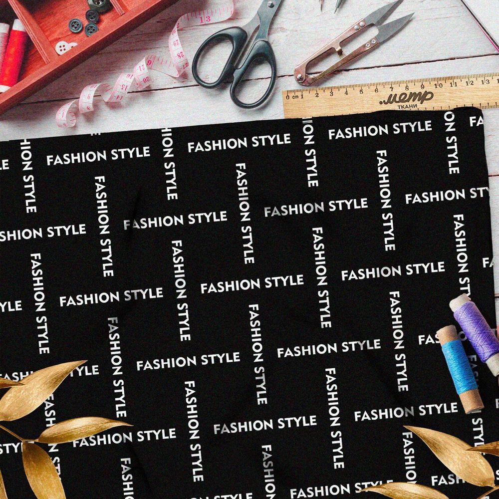 Ткань габардин стильная клетка из белых надписей на чёрном фоне