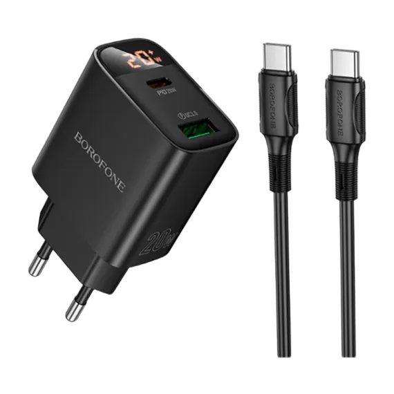 Adapter / Адаптер Сетевое З/У Borofone BA96A 1USB+1Type-C 3.0A 20W QC3.0 дисплей с кабелем Type-C/Type-C черный